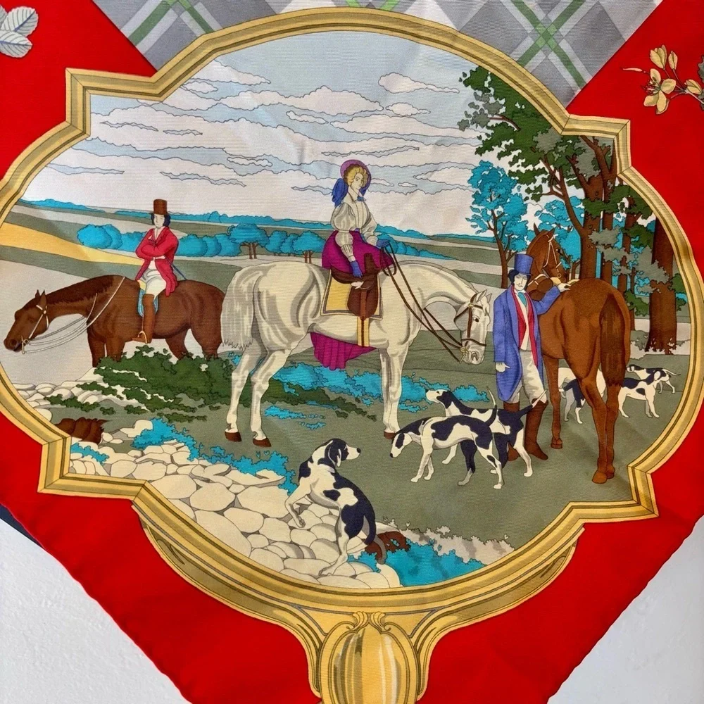 GUCCI Vintage Silk Scarf 34” Red Equestrian Hunting Print Italy